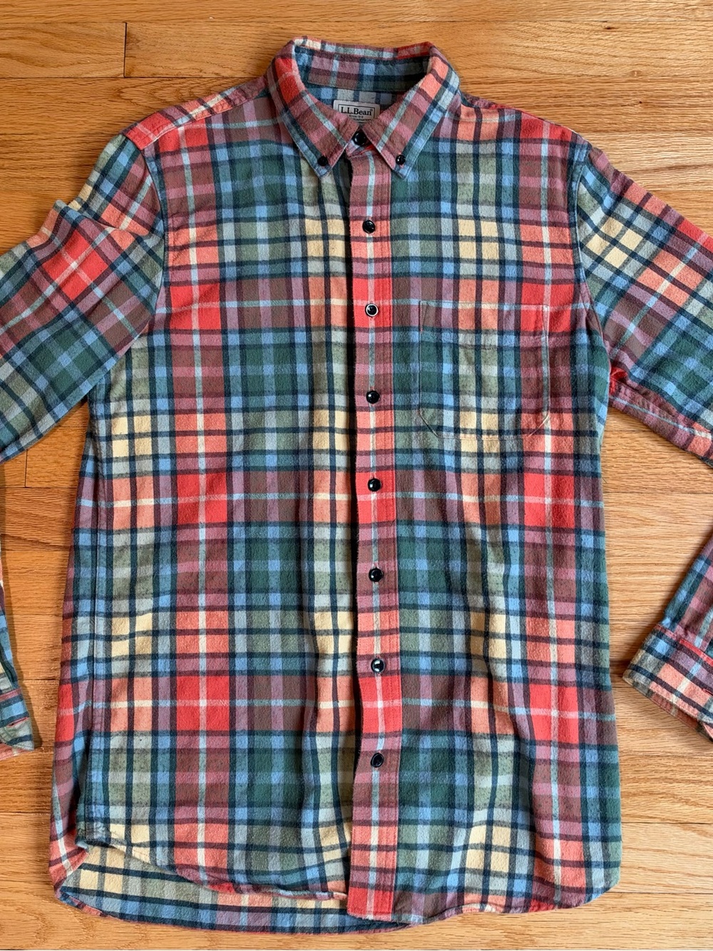 L.L. Bean Men’s Plaid Button-Down Flannel Shirt - Reds, Greens, Yellows & Orange